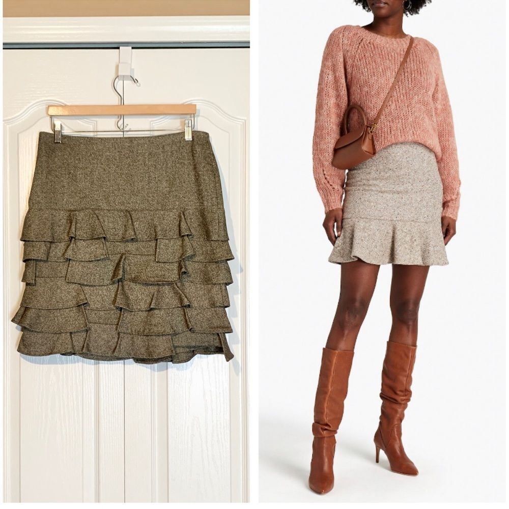 Talbots Wool Blend Ruffled Layer Brown/Green Straight Pencil Skirt Sz 10 Petite